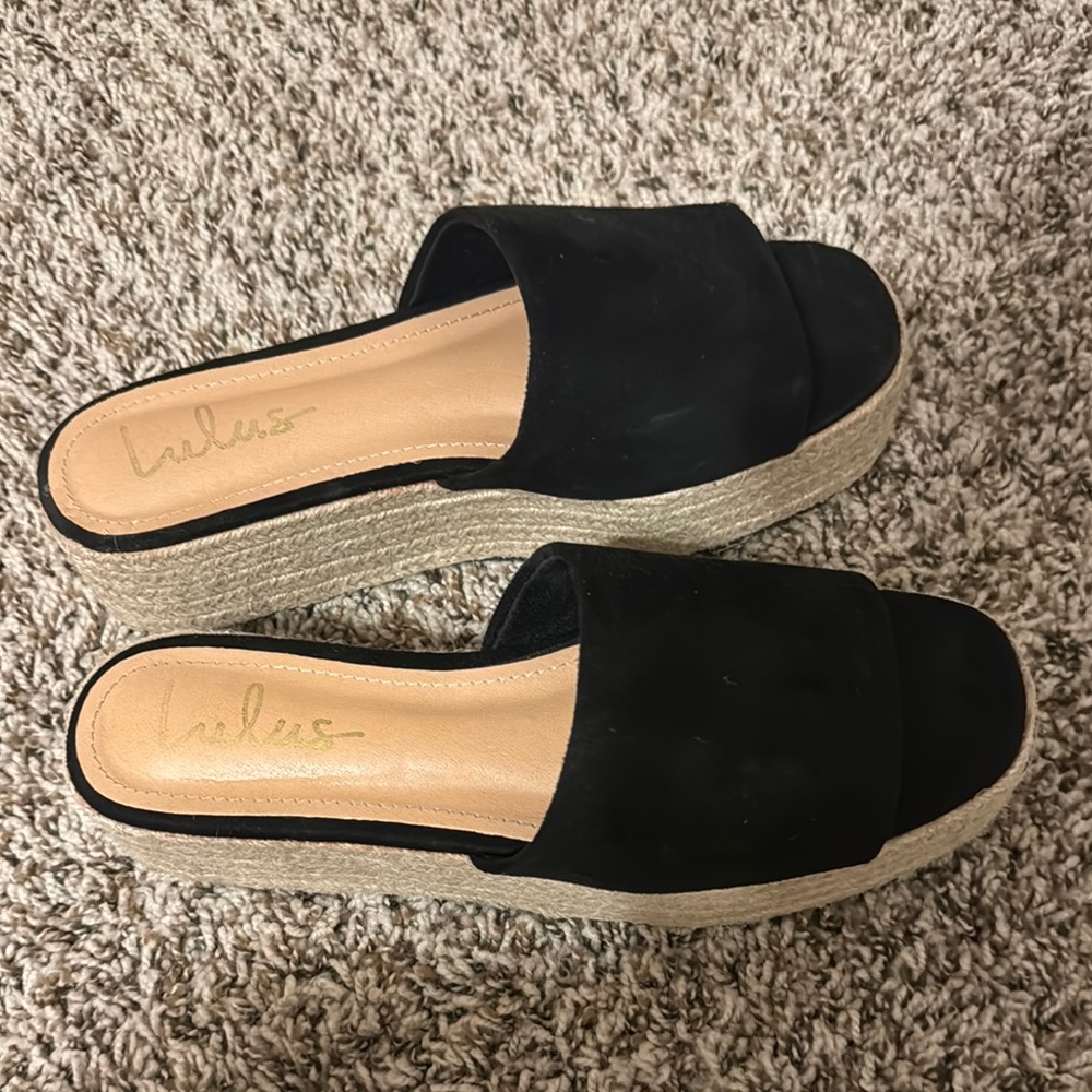 Lulu's Black Espadrille Slide Wedge